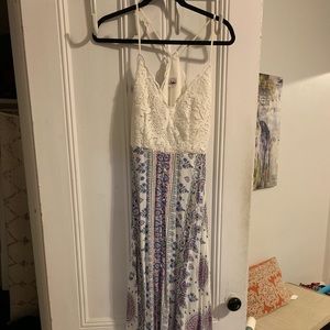 White lace and blue and pink print maxi dress